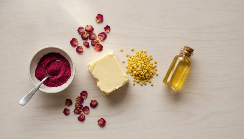 A flat lay of natural skincare ingredients including shea butter beeswax pellets a small bottle of jojoba oil beetroot p