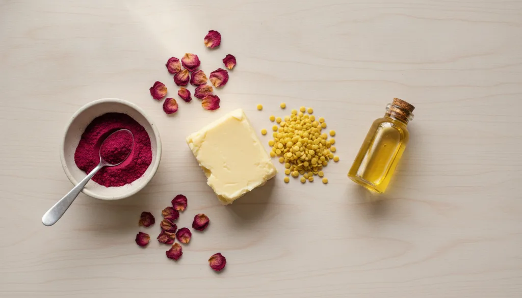 A flat lay of natural skincare ingredients including shea butter beeswax pellets a small bottle of jojoba oil beetroot p