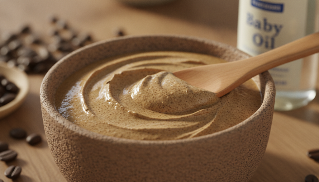 A close-up of a small bowl containing a DIY coffee and baby oil face mask mixture with a small spatula beside it The ing