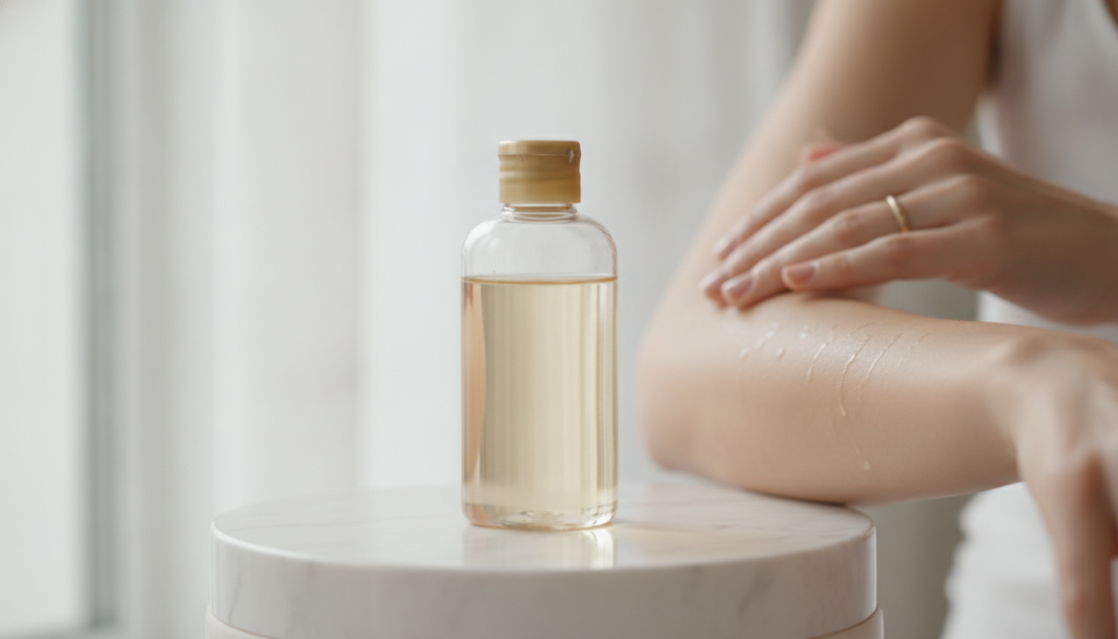 A close-up of a bottle of baby oil next to a woman s hand gently touching her smooth glowing forearm The setting is brig
