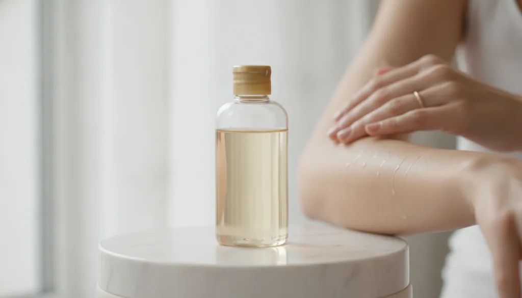 A close-up of a bottle of baby oil next to a woman s hand gently touching her smooth glowing forearm The setting is brig