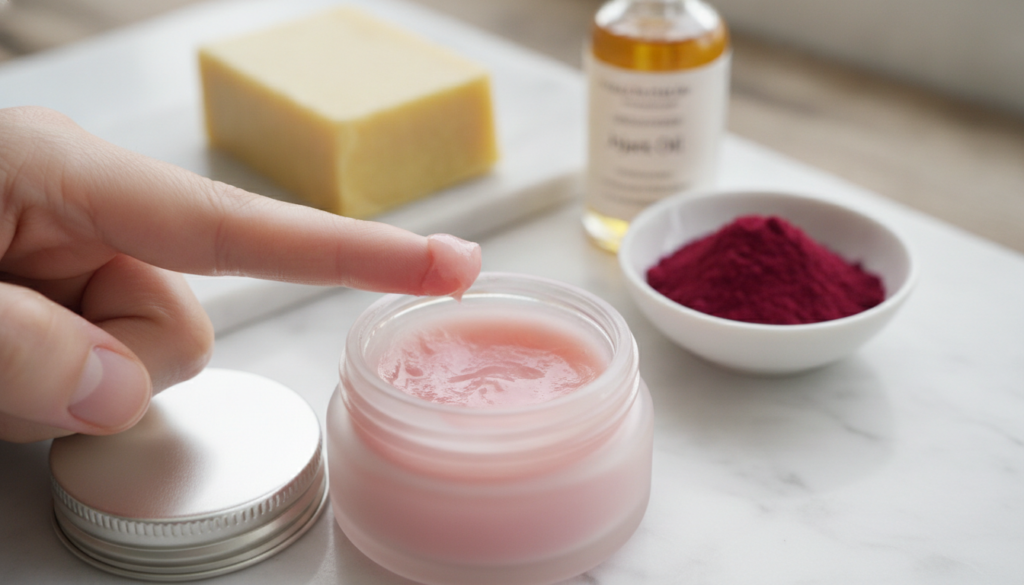 A beautiful small pot of homemade rosy glow balm with a finger gently dabbing it The balm has a soft pink tint Natural i