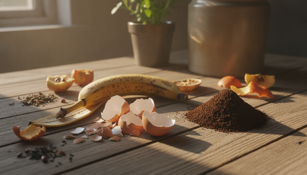 Various kitchen scraps like banana peels eggshells and used coffee grounds on a wooden table ready to be repurposed into