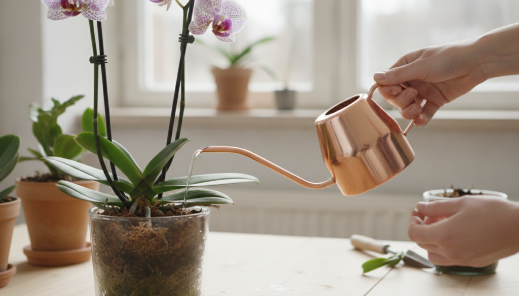 A person carefully watering an orchid with a small watering can showing gentle care and attention to detail