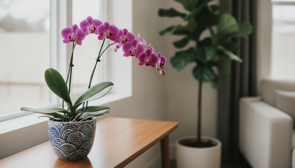 A beautiful healthy orchid with vibrant purple blooms in a decorative pot placed in a bright indoor setting