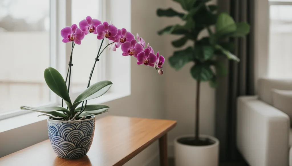 A beautiful healthy orchid with vibrant purple blooms in a decorative pot placed in a bright indoor setting