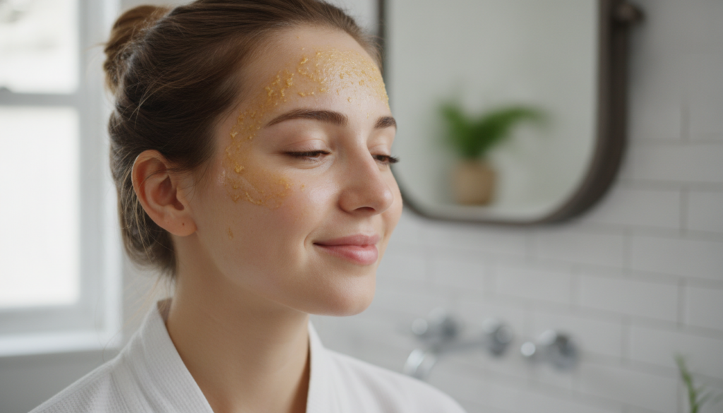 A woman with a natural potato and honey face mask applied to her face smiling gently showing healthy glowing skin after 