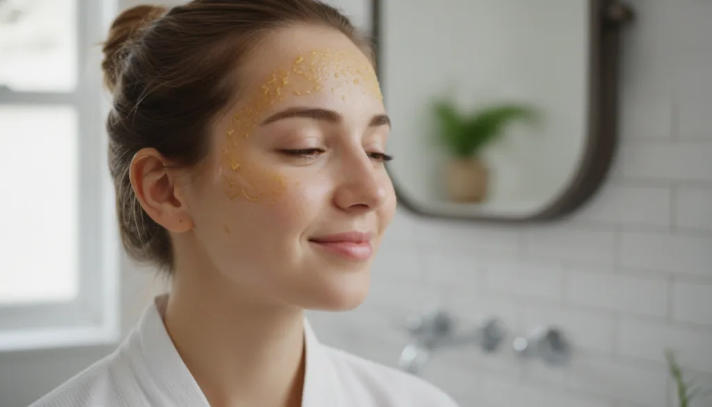 A woman with a natural potato and honey face mask applied to her face smiling gently showing healthy glowing skin after 
