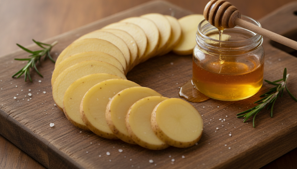 A close-up of fresh potato slices and a small jar of golden honey on a rustic wooden surface with soft natural light