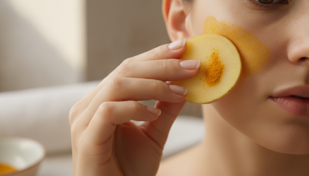A hand gently rubbing a potato slice with a pinch of turmeric powder on a person s cheek The skin looks clean and health