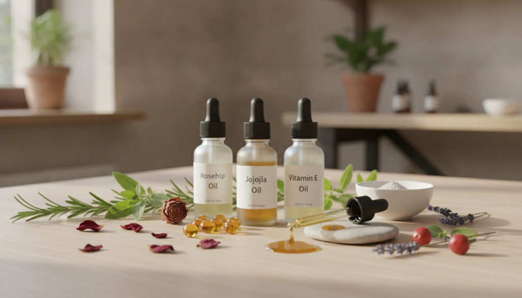 Various natural oils and ingredients like rosehip oil jojoba oil vitamin E capsules and essential oils arranged beautifu