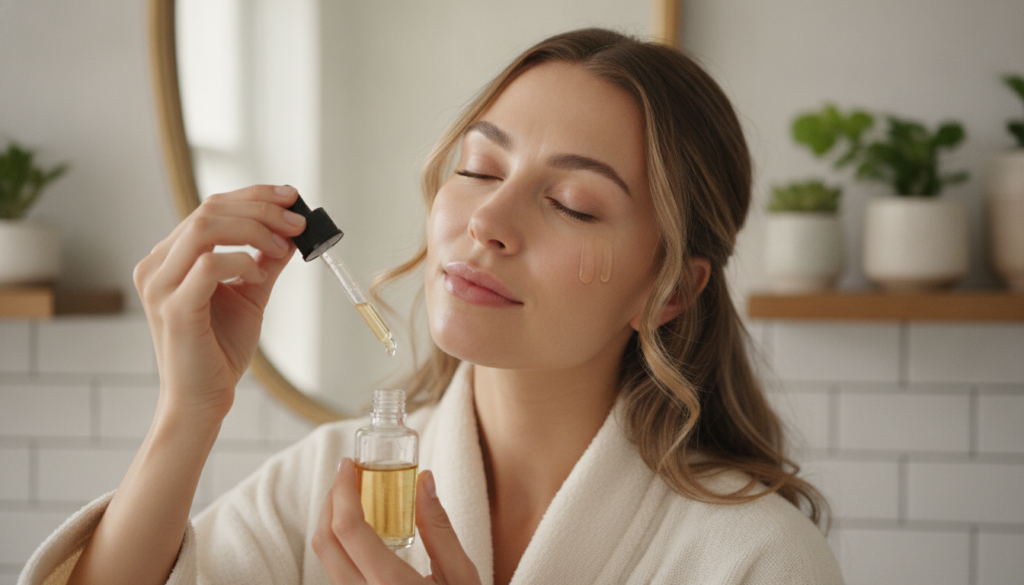 A woman gently applying a few drops of facial oil to her cheek with a dropper her eyes closed in a moment of self-care T
