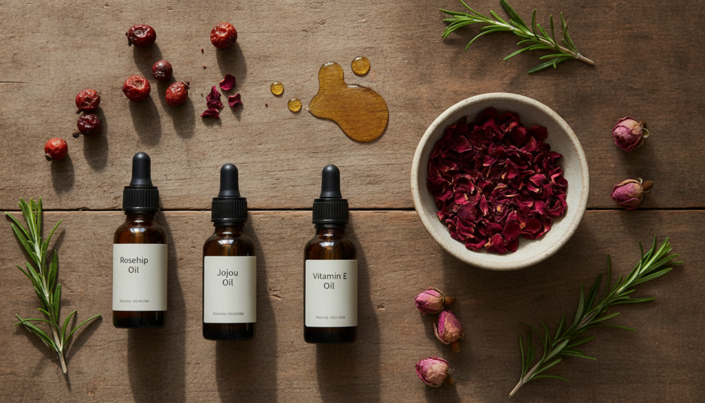 A collection of natural ingredients for DIY collagen oil bottles of rosehip oil jojoba oil and vitamin E oil with a smal