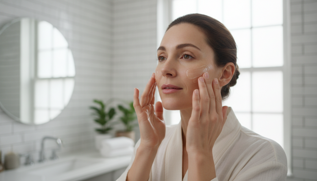 A woman applying a clear slightly thick gel to her face with gentle upward strokes in a brightly lit bathroom Her skin s