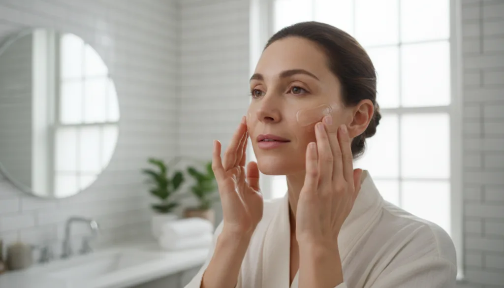 A woman applying a clear slightly thick gel to her face with gentle upward strokes in a brightly lit bathroom Her skin s