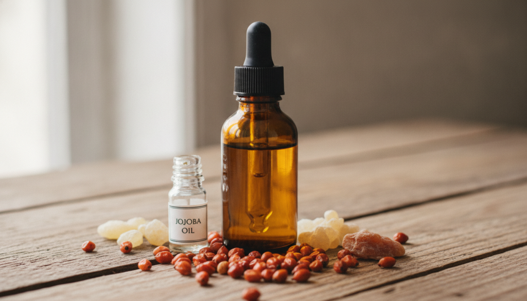 A small amber dropper bottle filled with a golden DIY collagen oil surrounded by natural ingredients like rosehip seeds 