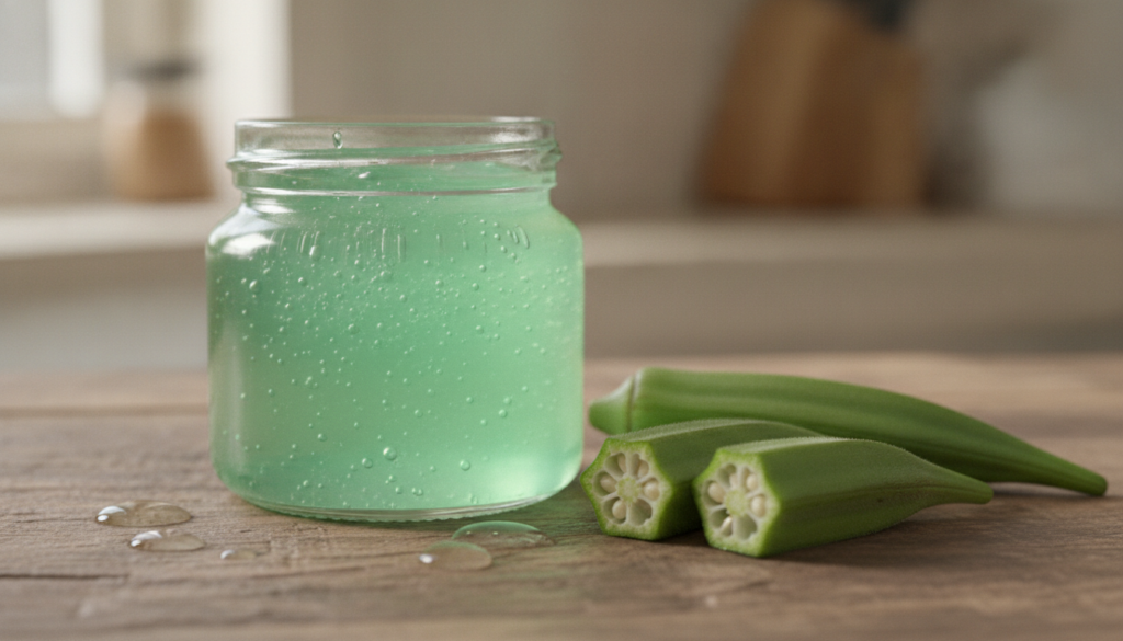 A small clear glass jar filled with translucent light green okra gel with a few fresh okra pods beside it on a wooden su
