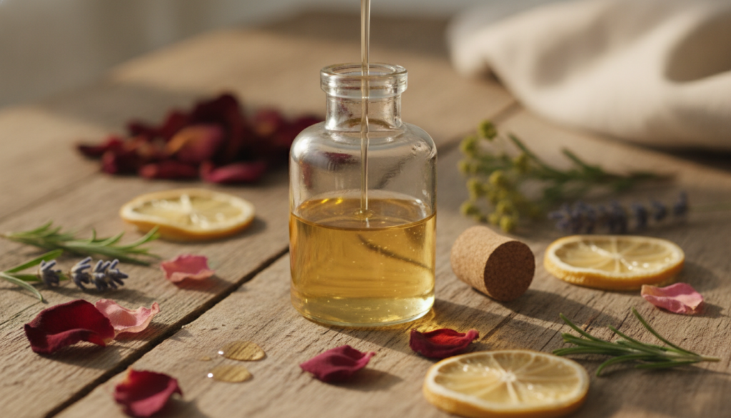 A close-up shot of baby oil being poured into a small glass bottle surrounded by various natural ingredients like dried 