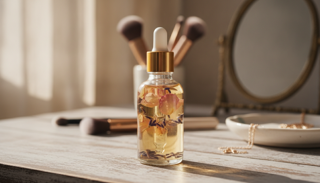 A small glass bottle of anti-aging baby oil infusion with dried rose petals and lavender buds visible inside placed on a