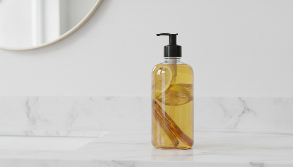 A bottle of dark spot correcting baby oil infusion with dried lemon peel and licorice root visible on a bright minimalis