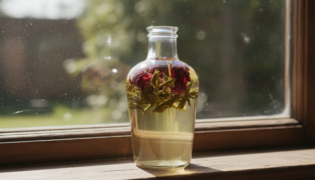 A clear glass bottle of collagen boosting baby oil infusion with green tea leaves and hibiscus flowers floating on a sun