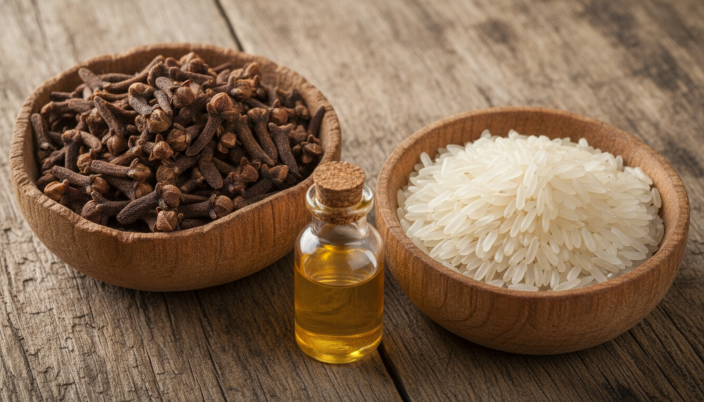 A close-up shot of dried cloves and white rice grains in separate small wooden bowls next to a small glass bottle of gol