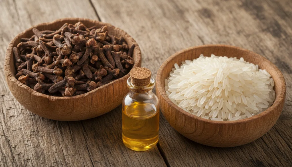 A close-up shot of dried cloves and white rice grains in separate small wooden bowls next to a small glass bottle of gol