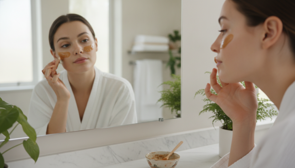 A woman gently applying a DIY under-eye mixture to her delicate under-eye area with her fingertip looking in a mirror Th