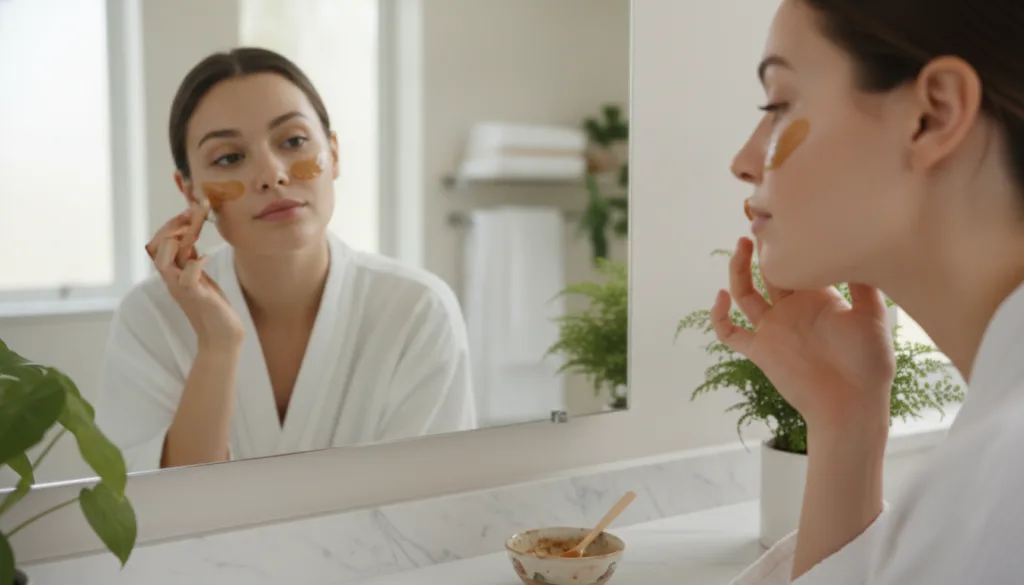 A woman gently applying a DIY under-eye mixture to her delicate under-eye area with her fingertip looking in a mirror Th