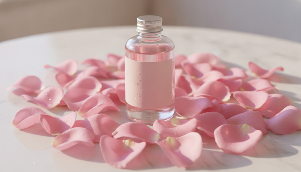 A close-up of fresh delicate pink rose petals and a glass bottle of rose water evoking a sense of natural beauty and fre