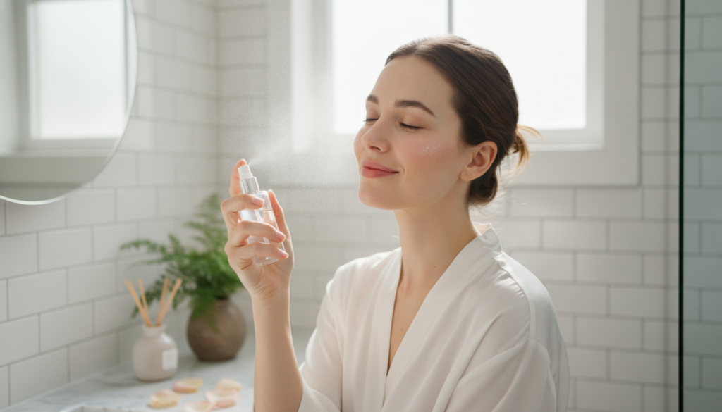 A woman gently spraying rose water mist onto her clean refreshed face with soft glowing skin in a bathroom setting
