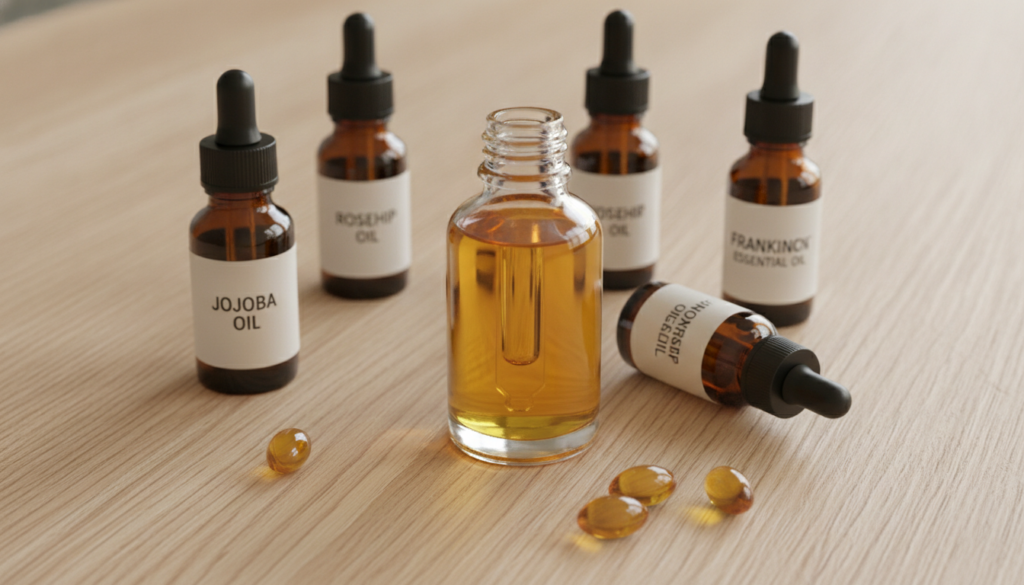 A clear glass dropper bottle filled with golden homemade collagen oil surrounded by its natural ingredients like jojoba 