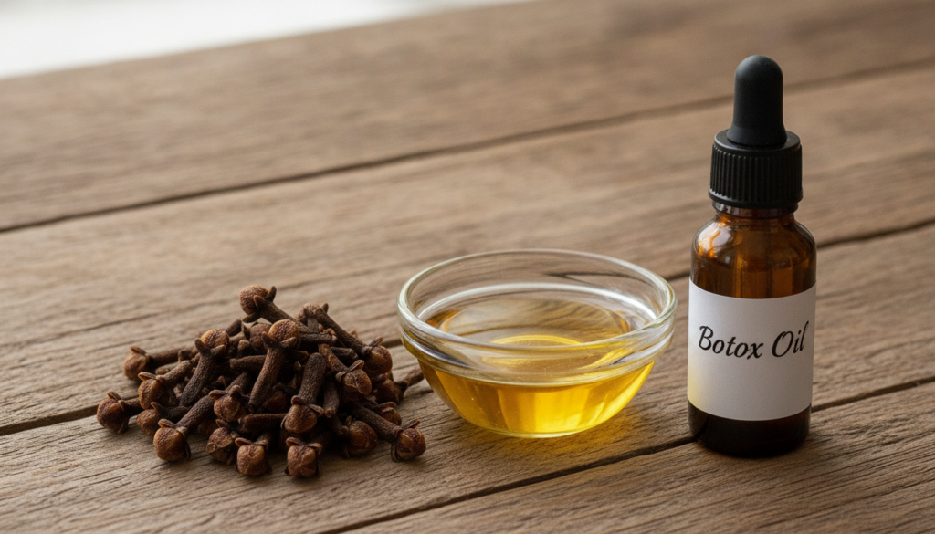 Ingredients for the DIY Botox Oil with cloves along with the finished oil in a small dropper bottle
