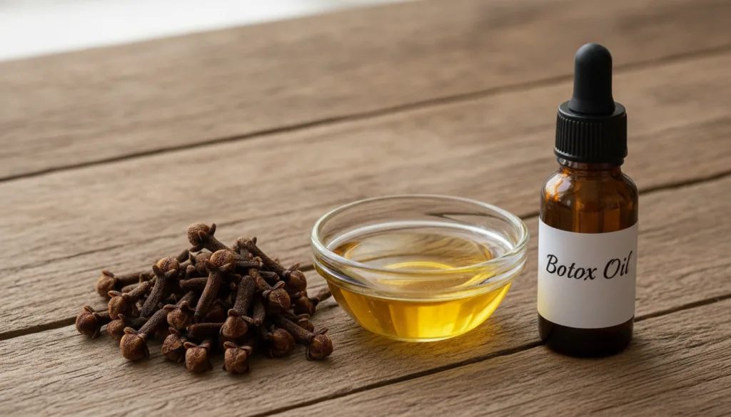 Ingredients for the DIY Botox Oil with cloves along with the finished oil in a small dropper bottle