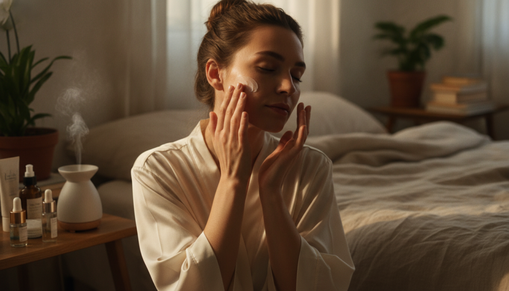 A woman gently massaging the homemade balm onto her face at night showing a serene and glowing complexion