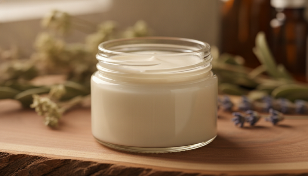 A small clean jar filled with the homemade anti-aging balm smooth and creamy ready for use