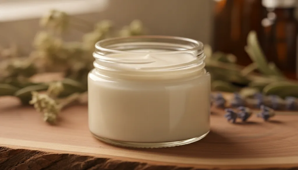 A small clean jar filled with the homemade anti-aging balm smooth and creamy ready for use