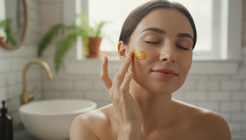 A woman gently applying a golden-colored DIY mask to her face with a subtle glow on her skin in a well-lit bathroom sett