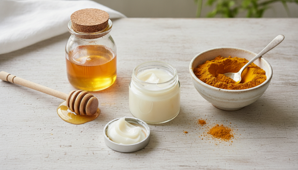 A trio of ingredients a jar of Vaseline a pot of honey and a small bowl of turmeric powder arranged attractively on a ru