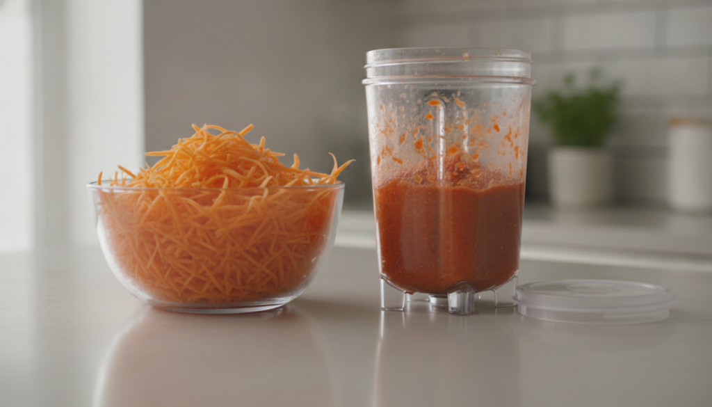 A glass bowl filled with finely grated carrots next to a blender with some carrot pulp inside on a clean kitchen counter