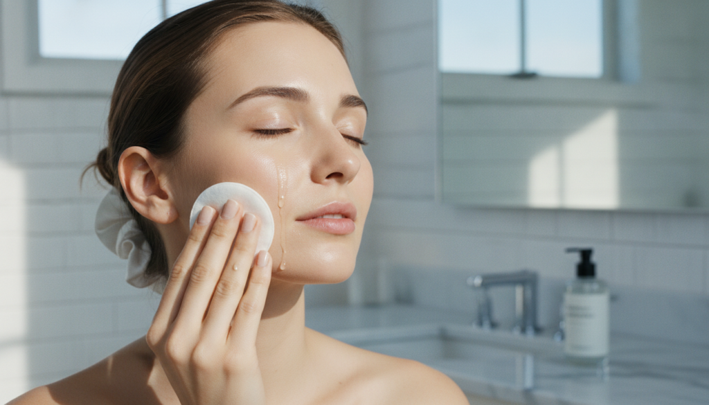 A woman gently dabbing her face with a cotton pad soaked in toner her eyes closed with soft natural light on her face