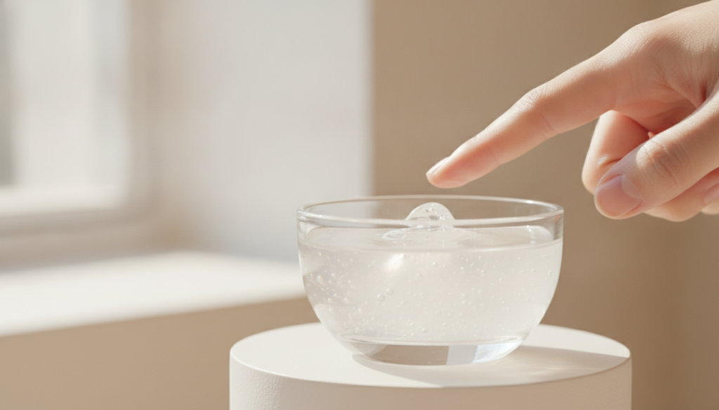 A small clear glass bowl containing a mix of Johnson s Baby Oil and Vaseline with a clean fingertip gently touching the 