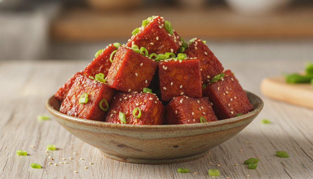 A vibrant close-up shot of crispy tofu pieces coated in a glossy red gochujang glaze garnished with green onions and ses
