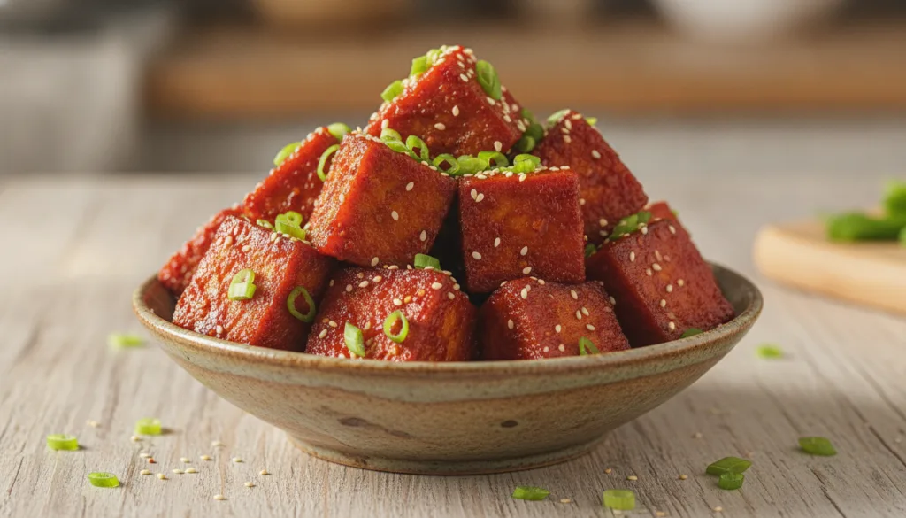 A vibrant close-up shot of crispy tofu pieces coated in a glossy red gochujang glaze garnished with green onions and ses