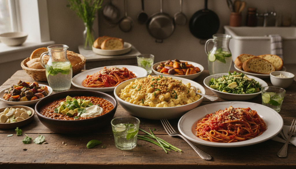A variety of delicious vegan comfort foods like mac and cheese chili and creamy pasta