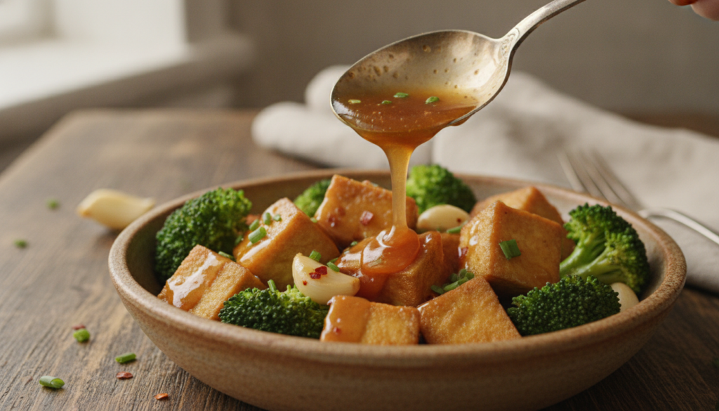 A close-up shot of a vibrant sticky vegan honey garlic sauce being drizzled over crispy tofu and broccoli in a bowl show