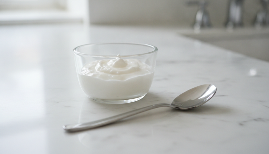 A small glass bowl containing a mixture of Vaseline and baking soda with a spoon beside it on a clean bright bathroom co
