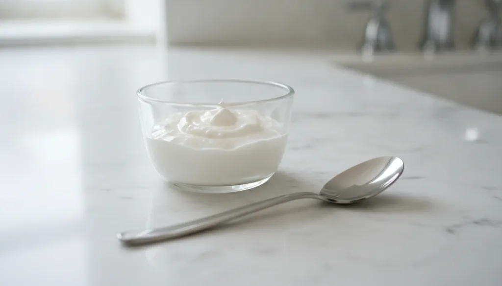A small glass bowl containing a mixture of Vaseline and baking soda with a spoon beside it on a clean bright bathroom co