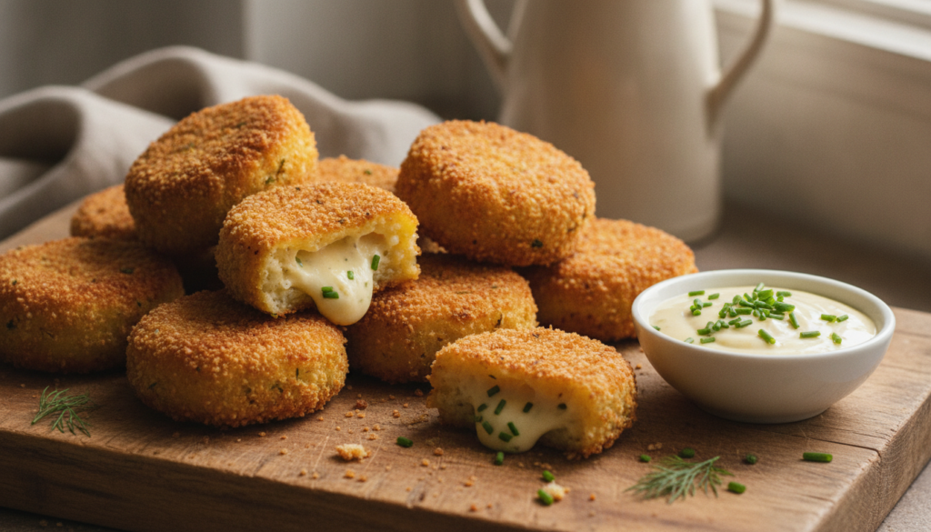 A close-up shot of crispy golden vegan potato cheese bites arranged on a rustic wooden board with a creamy dipping sauce