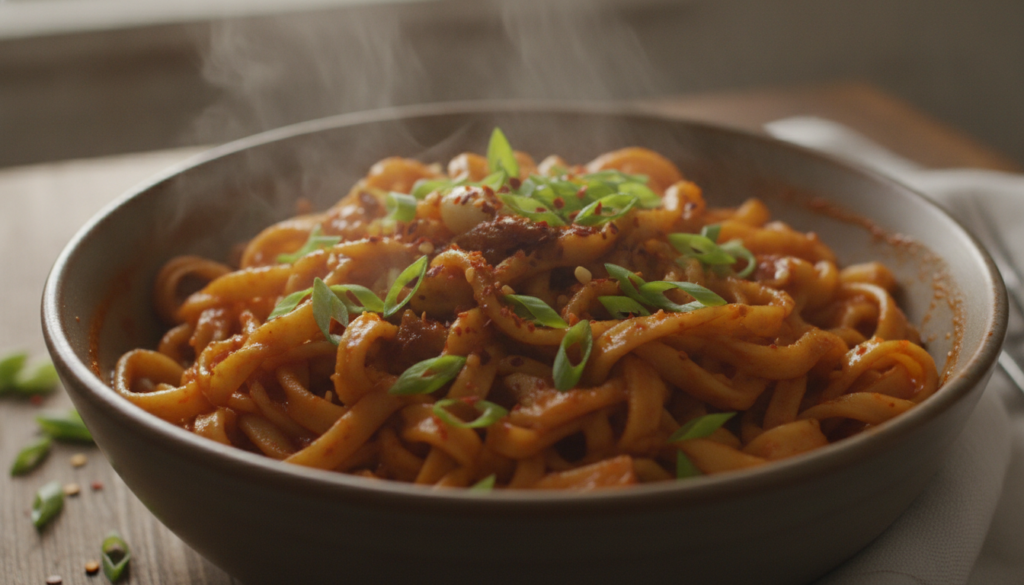 A vibrant close-up shot of a bowl of chili garlic noodles with steam rising slightly The noodles are coated in a glossy 
